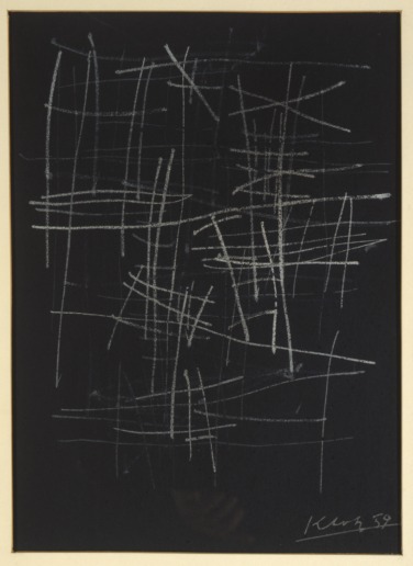 Lenz Kotz, Primitiver Behelf, 1959
Tempera (white) on black Ingres paper, mounted on cardboard
41 x 31 cm