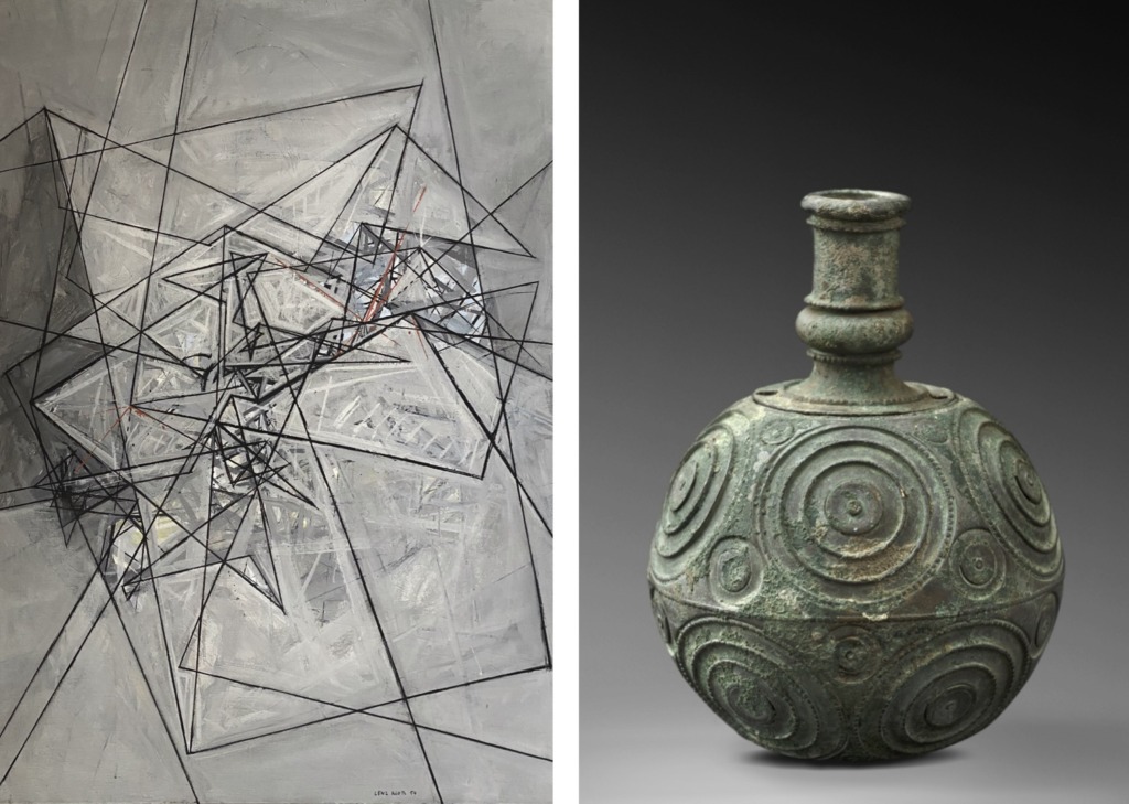 
Abb. 1: Lenz Klotz, Zackig geformt, 1954/1, Öl auf Leinwand
114 x 80 cm (LENZ KLOTZ ART COLLECTION)

Abb. 2: Kugelförmiges Gefäss aus Bronze mit reliefiertem Kreis-Dekor, Römisch, 3./4. Jh. n. Chr., Höhe: 7 cm (BIGLER FINE ARTS)