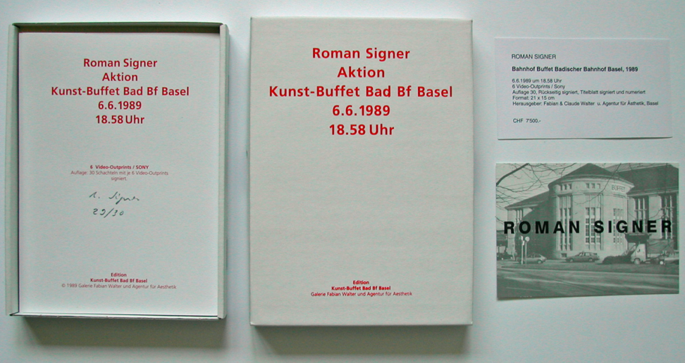 Roman Signer, Performance, Kunst-Buffet Badischer Bahnhof Basel, 1989
6 Video-Outprints
Edition of 30